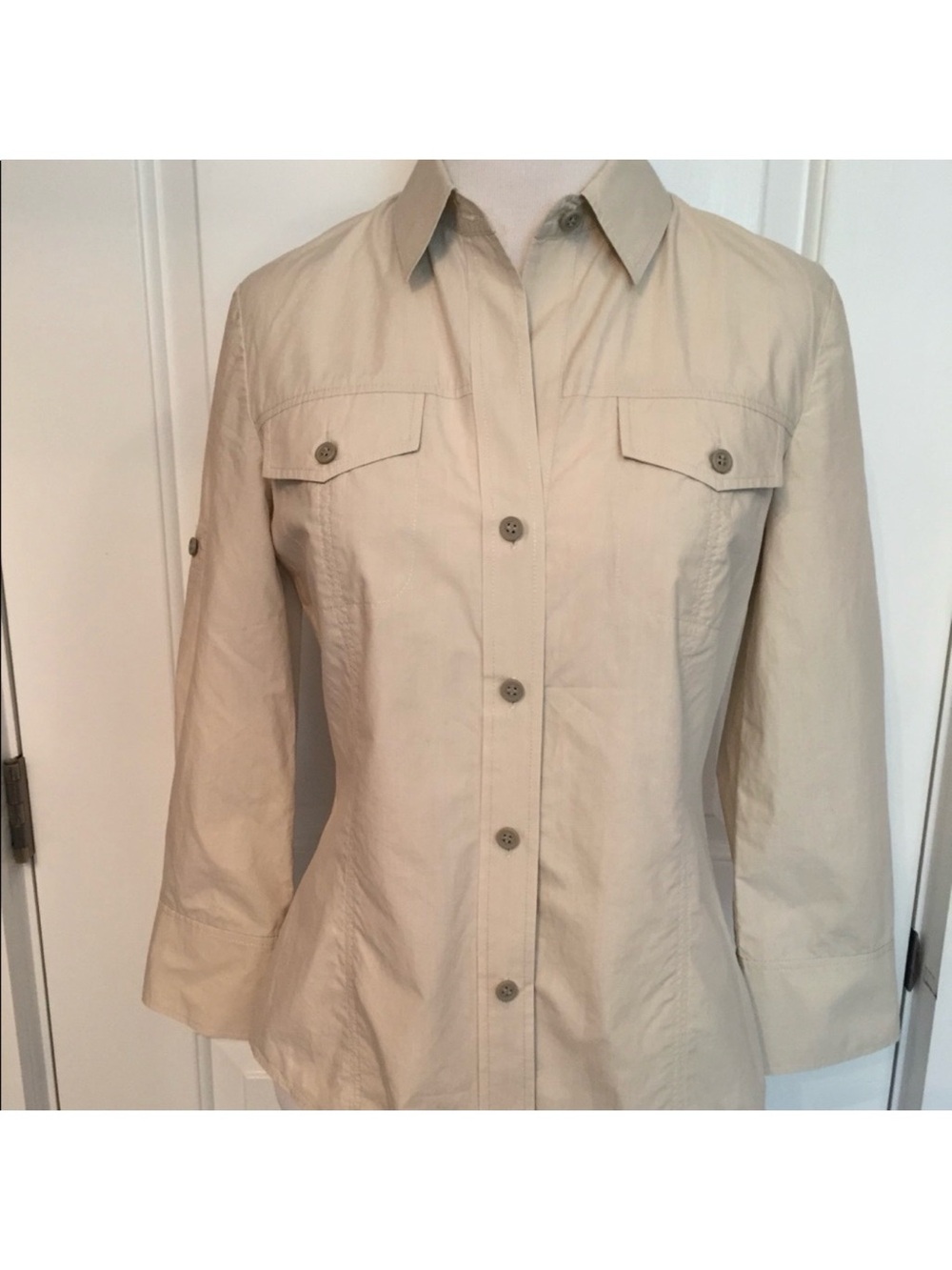THEORY TOP BLOUSE BUTTON DOWN TAN COTTON Size P SMALL
